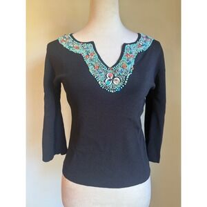 Joseph A Black Beaded Jeweled embellished Knit Top m y2k whimsi boho teal retro
